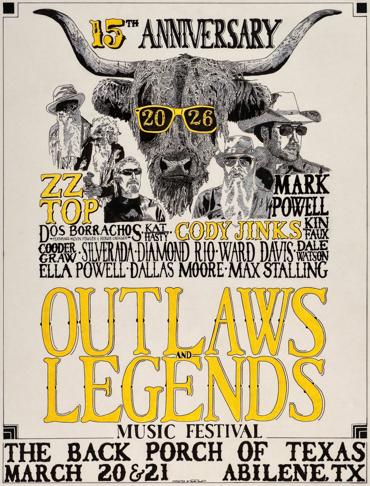 High-resolution reproduction of a hand-drawn Outlaws and Legends Music Festival 15th anniversary poster by Mark Powell
