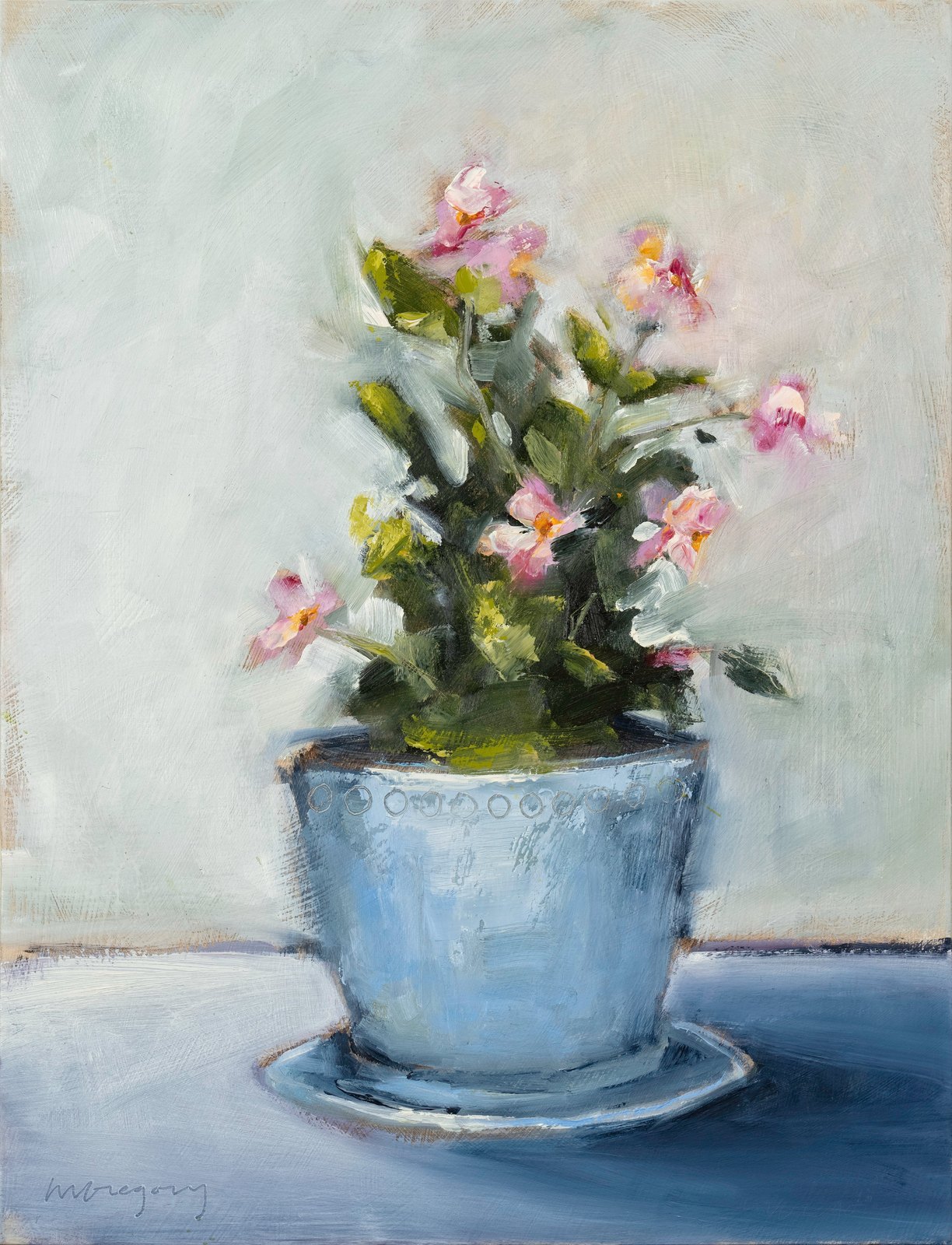 Reproduction of an oil painting of pink flowers in a pale blue pot on a blue table by Mary Gregory