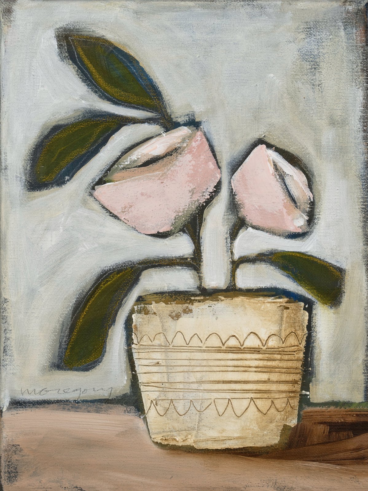 Reproduction of a painting of two pink tulips in a carved cream pot by Mary Gregory