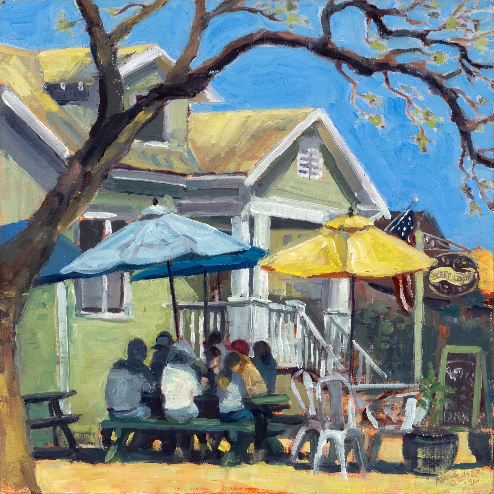 Oil painting of a café patio with blue and yellow umbrellas by Mary Gregory, digitized by Akrivise